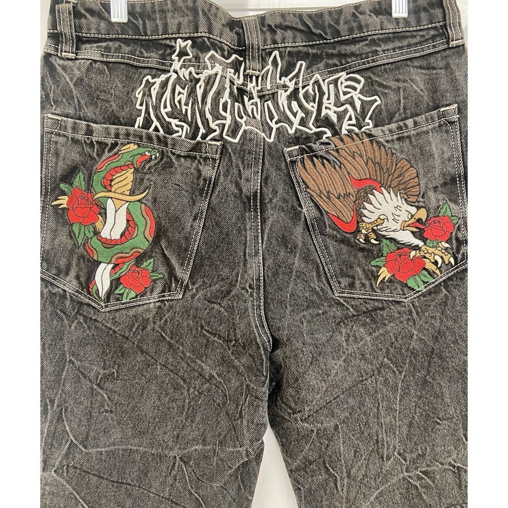 NINTH HALL Jeans 33x30 Black Hip Hop Baggy Embroidered Graffiti Snake Eagle